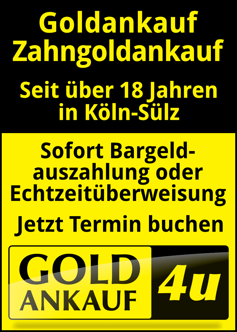 Goldankauf, Zahngoldankauf. Seit &uuml;ber 18 Jahren in K&ouml;ln-S&uuml;lz. Sofort Bargeldauszahlung oder Echtzeit&uuml;berweisung. Jetzt Termin buchen.