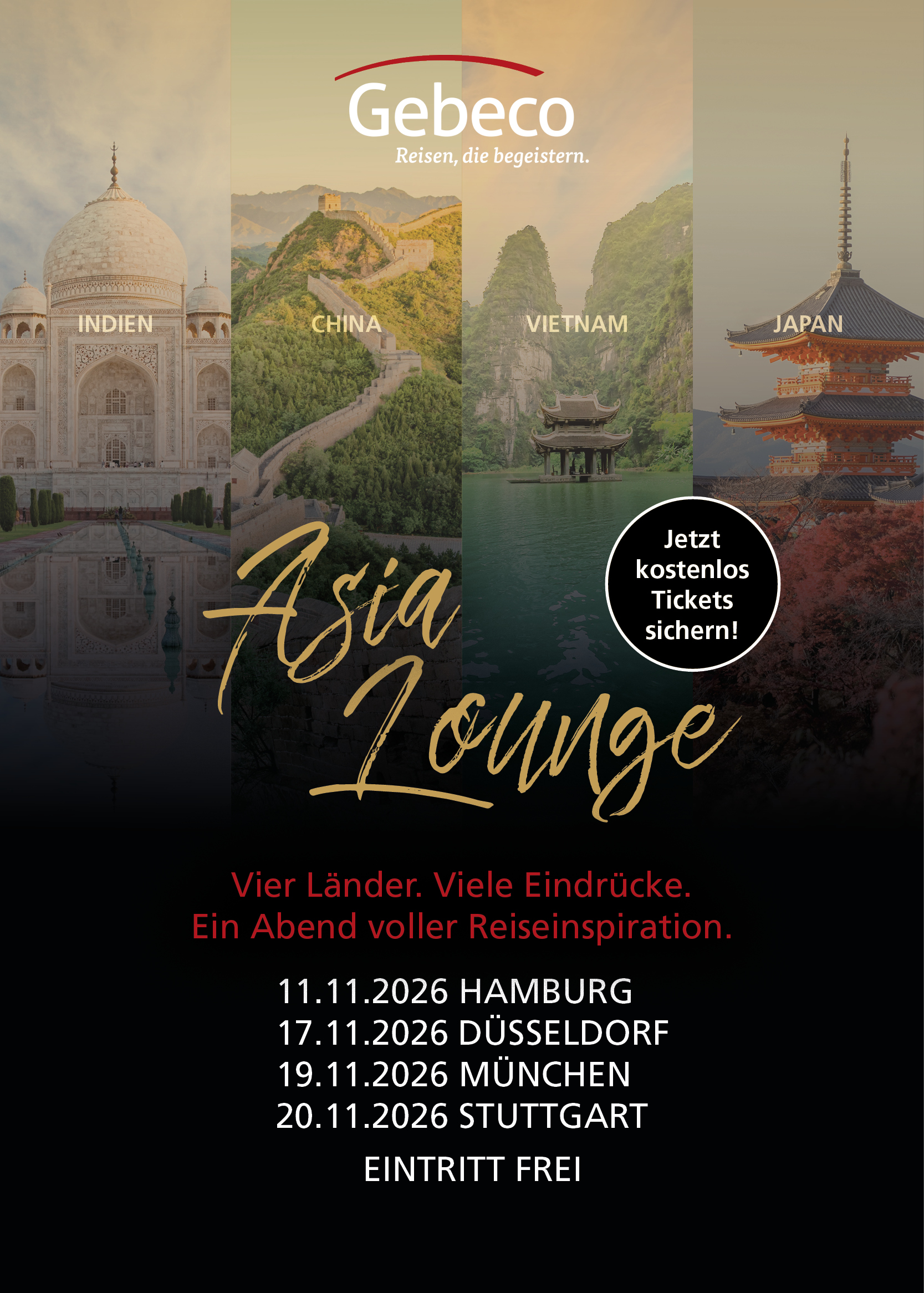 Asia Lounge. Vier L&auml;nder. Viele Eindr&uuml;cke. Ein Abend voller Reiseinspiration.